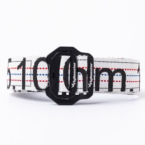 May include: A white woven belt with a black buckle. The belt has red and blue stripes and the text "Flybooster" printed on it.