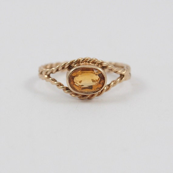 Vintage 9ct Gold Citrine Solitaire Rope Ring, 1984
