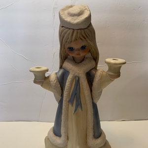 1970s Christmas Winter Ceramic Caroler Shopper Girl Candle Holder