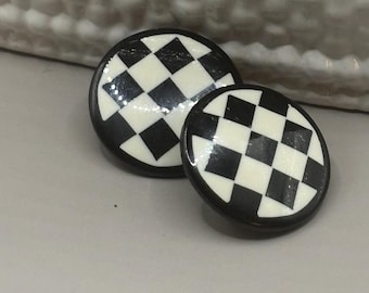 Vintage 1980s Round Checkerboard  Clip Earrings