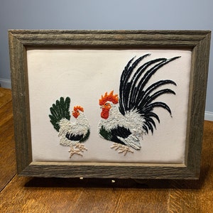 Vintage Embroidered Crewel Embroidery Chicken Rooster Kitschy Kitchen Wall Hanging Picture