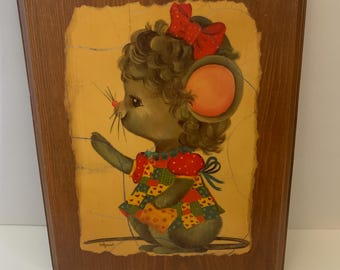 Vintage 1960s 1970s patchwork mouse wooden wall hanging