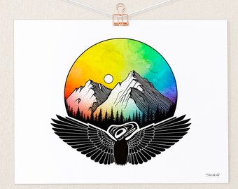 Northwest Coast Native American Raven and Mountain Illustration | Gay Pride 2020 | by Tlingit LGBT Artist Nick Alan Foote