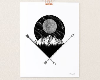 Full Moon Northwest Coast Wall Decor | Modern Mountains and Night Sky Landscape Print by Alaskan Artist Nick Alan Foote