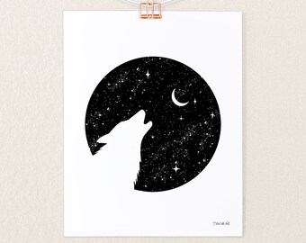 Howling Wolf and Night Sky Wall Decor | Minimal Illustrated Art Print by Nick Alan Foote