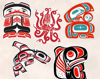 Northwest Coast Native American Sticker Set No. 1 | Indigenous Laptop Stickers | Tlingit Decal Pack of 5 by Alaska Native Artist
