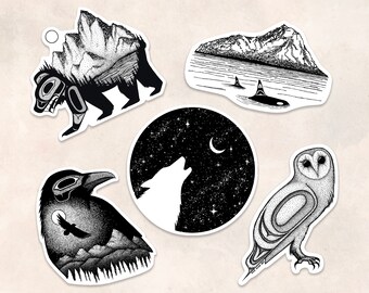 Northwest Coast Animal Sticker Set No. 4 | Owl, Bear, Orca, Wolf and Owl Laptop Stickers | Decal Pack of 5 by Alaskan Artist