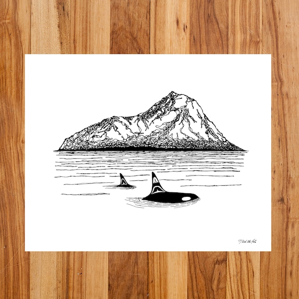 Orcas Island Pacific Northwest Killer Whale & Mountains Art Print by Native American Artist Nick Alan Foote | Living Room Wall Decor