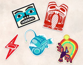 Northwest Coast Sticker Art No. 6 | Beaver, Lightning Bolt, Angler Fish, Rainbow Raven, Chilkat | 5 Pack of Tlingit Decals | Window Vinyl