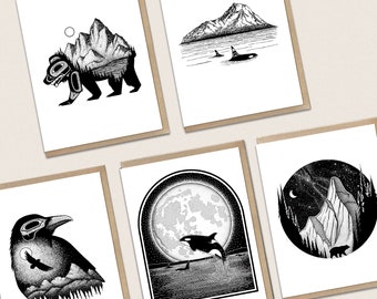 Northwest Coast Animal Card Set No. 5 | Bear, Orca Whale, Raven Card Pack | Wildlife Thank You Bundle | Birthday Cards by Indigenous Artist