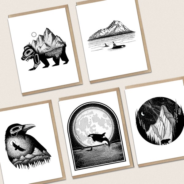Northwest Coast Animal Card Set No. 5 | Bear, Orca Whale, Raven Card Pack | Wildlife Thank You Bundle | Birthday Cards by Indigenous Artist