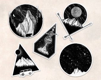 Pacific Northwest Mountain Sticker Set No. 3 | National Park Laptop Stickers | Black and White Illustrated Decal Pack of 5 by Alaskan Artist