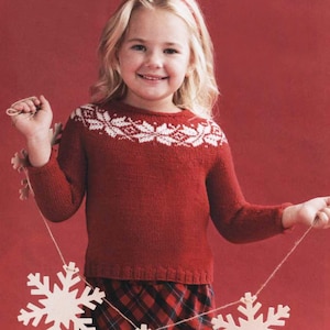 Childrens Christmas yoke sweater knitting pattern pdf sweater in red and white with snowflakes to fit sizes 2-8 yrs DK download