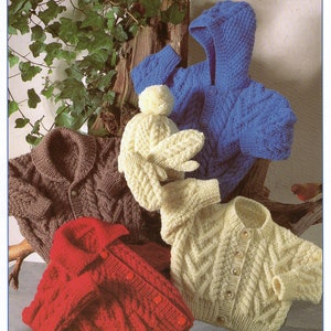 Baby knitting pattern cable jackets, hat and mittens 18-28" Aran PDF download