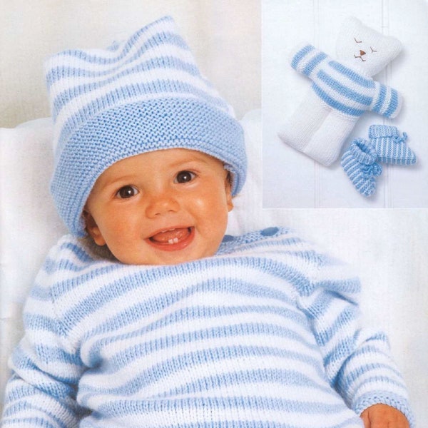 Baby knitting set pattern pdf pants sweater with crew neck hat booties and teddy 12-22" 4 Ply download