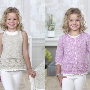 Childrens cardigan and top knitting pattern pdf summer top with lace trim to fit sizes 2-12 yrs 22-32" DK download