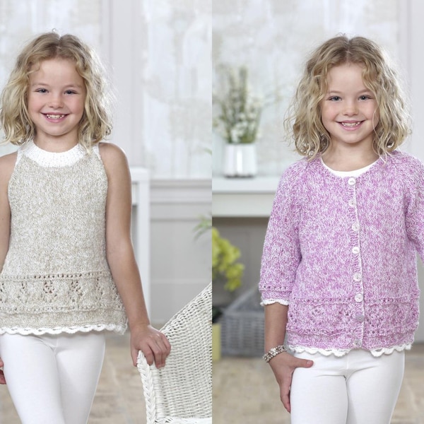 Childrens cardigan and top knitting pattern pdf summer top with lace trim to fit sizes 2-12 yrs 22-32" DK download