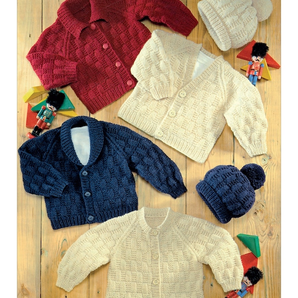 Baby knitting pattern cardigans v-neck shawl collar or round neck and hat 16-26" DK PDF download