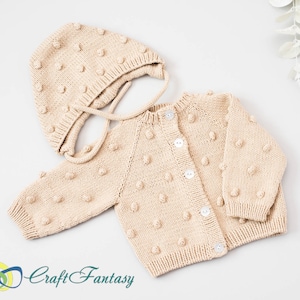 Hand Knitted Baby Popcorn Cardigan Bonnet Unisex Clothing Bobble Cotton Cardigan Made To Order