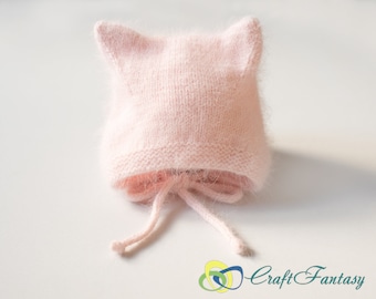 Hand Knitted Angora Baby Kitty Bonnet Winter Hat for baby Made To Order