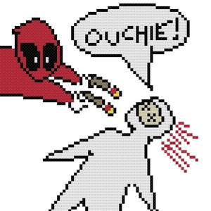 May include: A cross-stitch design showing a red character with black eyes and a white speech bubble saying "Ouchie!". The red character is attacking a white figure with two brown and yellow objects.