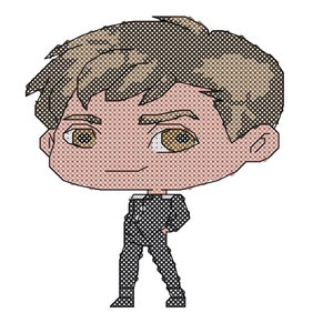 Könnte beinhalten: Eine Cartoon-Illustration einer Person mit braunen Haaren, die einen schwarz-weiß gemusterten Anzug trägt. Die Person steht mit einem gebeugten Bein und dem anderen Bein gerade.