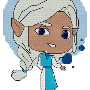 May include: A cartoon illustration of an elf with white hair, brown skin, and blue eyes. The elf is wearing a blue and white dress and is holding a blue orb in their hand. The background is a light blue.
