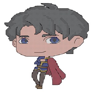 May include: A pixelated illustration of a cartoon character wearing a blue and gold tunic with a red cape. The character has short black hair and blue eyes.