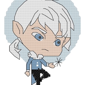 May include: A cartoon illustration of a white-haired elf with blue eyes, wearing a blue shirt and black pants, holding a snowflake in his hand.