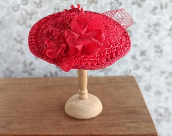 Doll house millinery - 1/12 scale hand made red straw hat