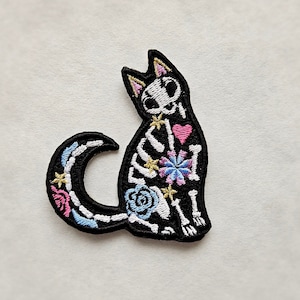 Sugar Skull Cat Skeleton - Iron on Embroidered Patch