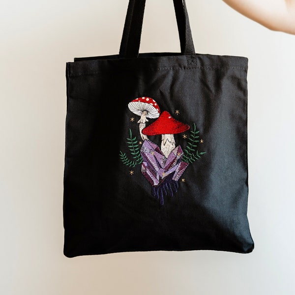 Mushrooms and Crystal Embroidered  Tote Bag