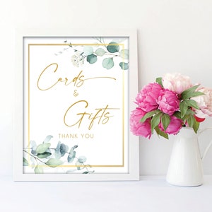 Cards and Gifts Sign Printable | Greenery and Gold | 8x10 Instant Download | Wedding | Engagement | Bridal Shower | Download | PDF | JPG