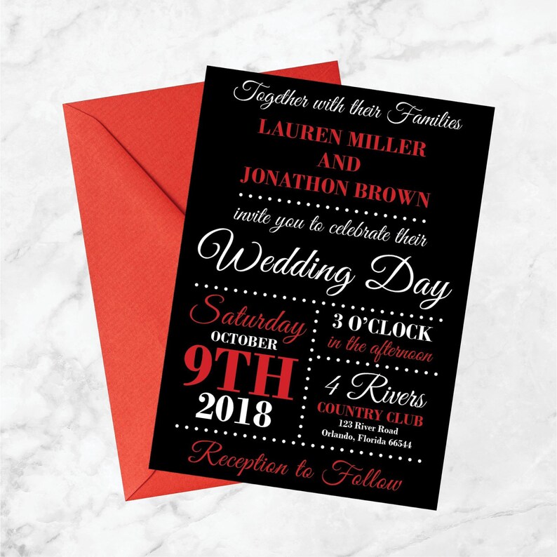 Red And Black Wedding Invitations Black Red White Wedding Etsy