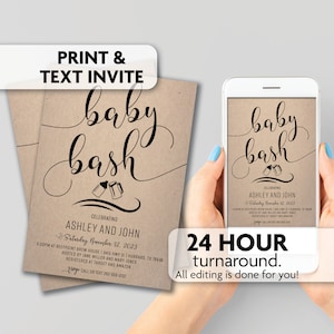 Puede incluir: Una invitación imprimible para un baby shower con un fondo marrón rústico y texto negro. La invitación dice "baby bash" e incluye los nombres Ashley y John, la fecha sábado 12 de noviembre de 2023 y la hora 5:00 PM. La invitación también incluye la ubicación, Reefpoint Brew House, 3415 Hwy 31, Hubbard, TX 78648. La invitación también incluye los nombres de los anfitriones, Jane Miller y Mary Jones, y la información de registro, Target y Amazon. La invitación también incluye el número de teléfono 282-556-1232.