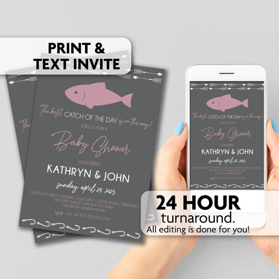 Fishing Baby Shower Invitations Best Catch of the Day Nautical Girl Print,  Text or Email Invite 