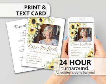 Memorial Poem Card | Sunflower | Celebration of Life | Prayer Card | Print, Text or Email