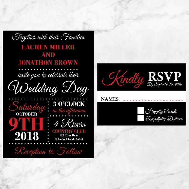 Red And Black Wedding Invitations Black Red White Wedding Etsy