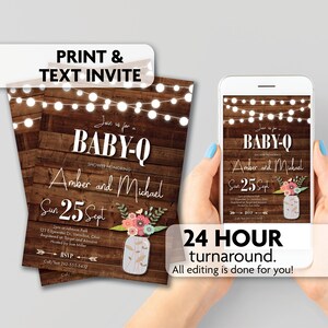May include: A rustic wood background with string lights and a mason jar filled with flowers. The text "Join us for a Baby-Q" is at the top of the invitation. The invitation is for a baby shower honoring Amber and Michael on Sunday, September 25th. The invitation includes the time, location, and RSVP information.