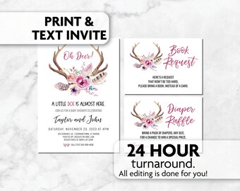 Oh Deer Shower Invitations | Diaper Raffle | Book Request | Print, Text or Email Invite