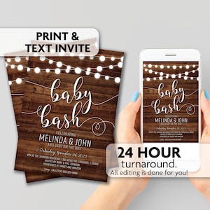 May include: A rustic wood background with white string lights and the text "baby bash" in white cursive script. The text "Celebrating Melinda & John and baby on the way" is below the main text. The date "Saturday, November 26, 2023" is below the names. The text "6PM at the Johnson Residence 1323 Dover Rd | Chicago, IL 65332" is below the date. The text "Hosted by Mary & Phil Johnson" is below the address. The text "Registered at Target and Amazon" is below the host names. The text "Call/Text 556-225-9380" is below the registry information. The image also includes a mobile phone with a similar design and text.