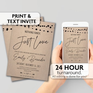 May include: A wedding invitation design featuring the text "Nothing Fancy, Just Love" in elegant script. The invitation includes details for Emily and Brandon's wedding reception on November 26, 2023, with RSVP information. The design is displayed on a phone and printed cards.