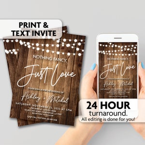 Nothing Fancy, Just Love Wedding Invitations | Rustic | String Lights | Print, Text or Email Invite