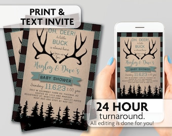 Oh Deer Baby Shower Invitations | Hunting Baby Shower Invitations | Antlers |  Little Buck | Plaid | Print, Text or Email Invite