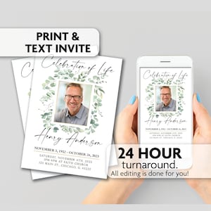 May include: A printable memorial invitation with a green eucalyptus wreath border and a photo of a man. The text reads "Celebration of Life" and includes the name "Henry Anderson", dates, and details for a memorial service.