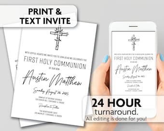 May include: A printable invitation for a First Holy Communion celebration. The invitation features a black and white cross with vines, the text "First Holy Communion" and the name "Austin Matthew". The date and time of the event are listed, along with the location of the church and reception.