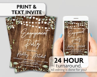 Rustic Engagement Invitation | Wood | String Lights | Print, Text or Email Invite