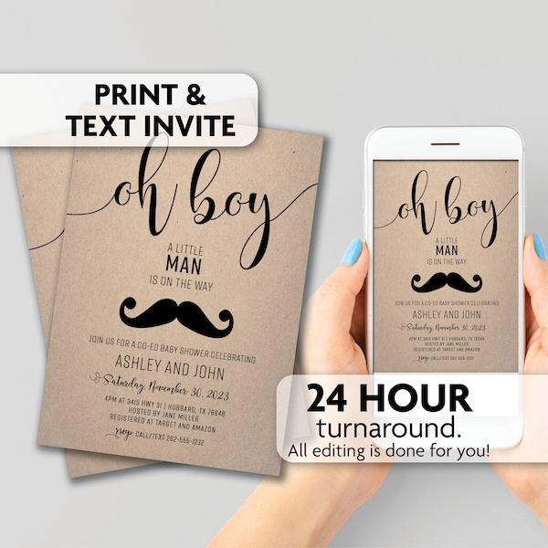 Oh Boy Little Man Baby Shower Invitations | Mustache | Print, Text or Email Invite