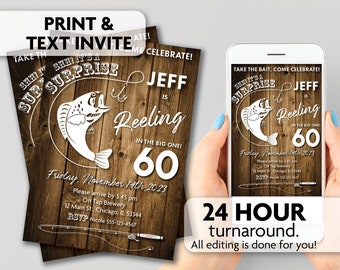 May include: A printable invitation for a 60th birthday party with a fishing theme. The invitation features a white fish on a brown wooden background with the text "She's a Surprise! Jeff is Reeling in the Big One! 60" and the date "Friday, November 14th, 2023".