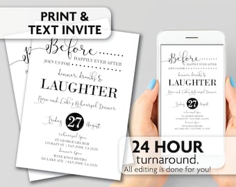 Invitación a la cena de ensayo / Antes de felices para siempre / Cena, bebidas y risas / Impresión, mensaje de texto o invitación por correo electrónico